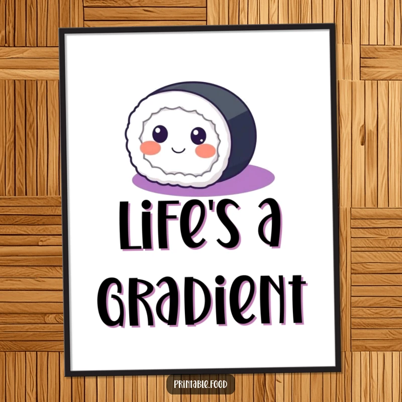 Funny Digital Art Print of a happy sushi roll with eyes rolling across a purple gradient, adding cheerful vibes.