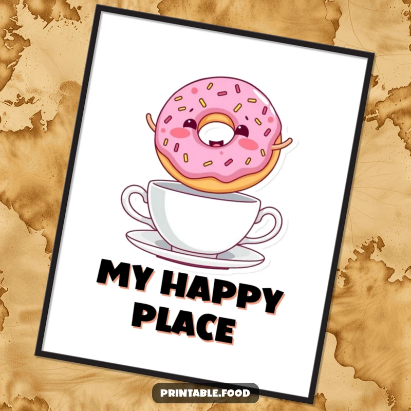 Funny Digital Art Print of a giggling donut with sprinkles jumping over a teacup, adding sweet and playful vibes.