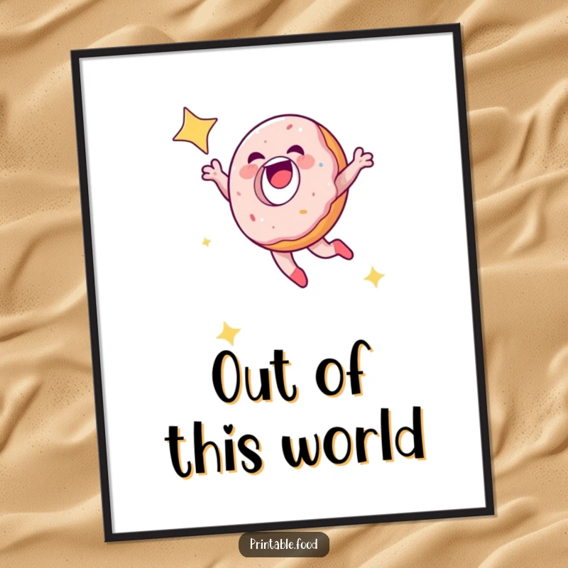 Funny laughing doughnut character leaping into a starry sky, ready to download and print for humorous decor.