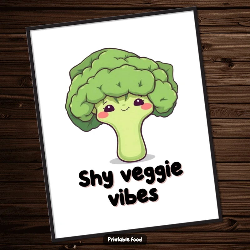 Funny digital art print of a shy broccoli floret peeking from behind a leaf, offering instant humorous decor.