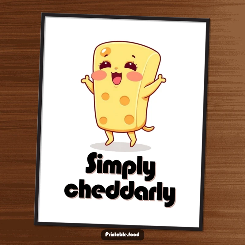 Funny blushing cheese character doing a silly jig, ready to download and print for humorous food decor.