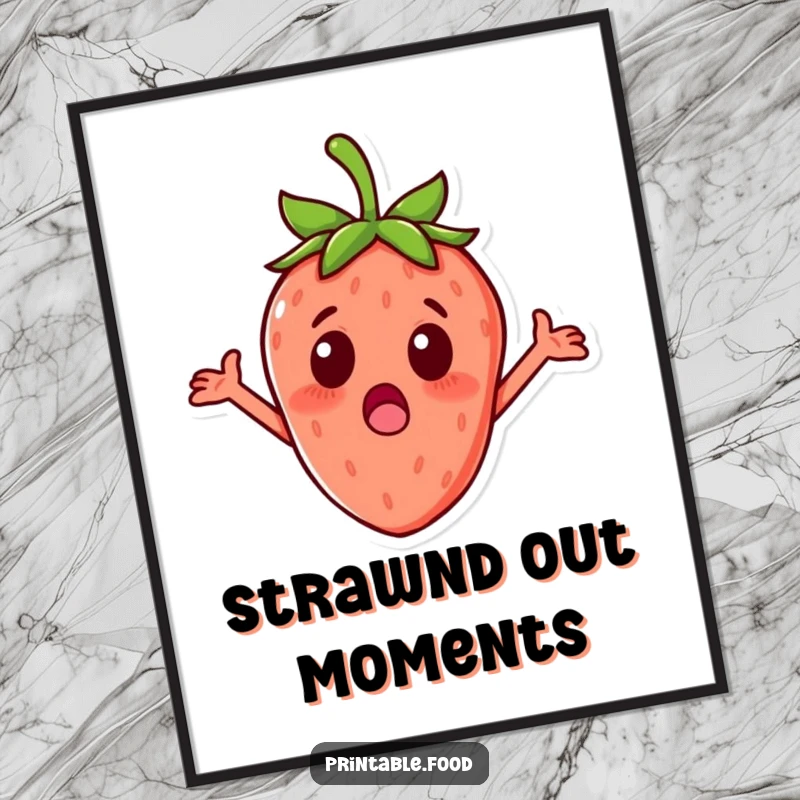 Funny surprised strawberry character with tiny arms outstretched, ready to download and print for humorous decor.