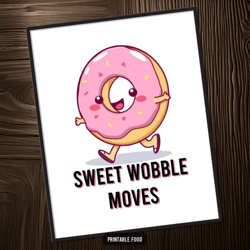 Funny Digital Art Print: Jelly donut character performing a silly walk with exaggerated movements, conveying playful humor, printable wall art.