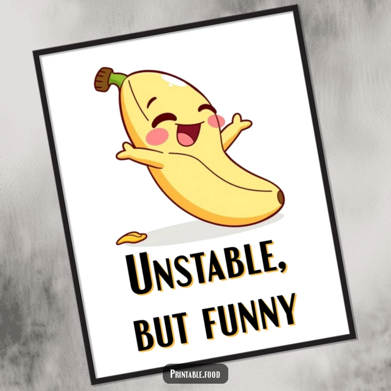Funny digital art print: A giggling banana character comically slips on its own peel, a vibrant and humorous illustration.