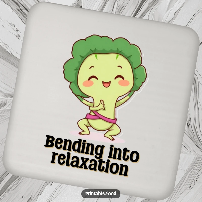 Funny Drink Coaster: Broccoli character in a yoga pose, a humorous and protective accessory for your table.