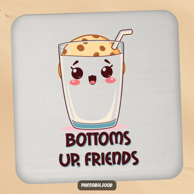 Funny cookie character peeking with surprise from behind a milk glass, on a drink coaster, adding a playful humor to the table.