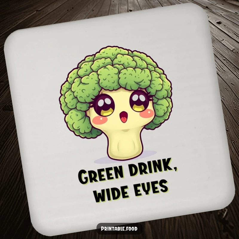 Funny drink coaster with a surprised broccoli floret character showing wide eyes, adding humorous surprise to any table.