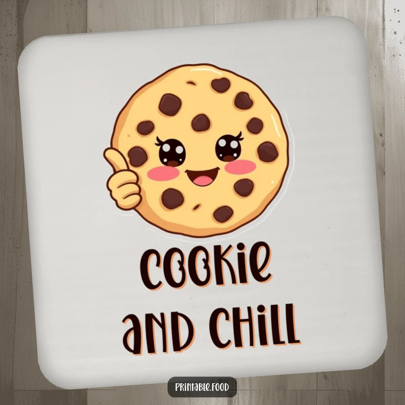 Funny drink coaster showcasing a joyful chocolate chip cookie giving a thumbs up, adding a touch of sweet humor.