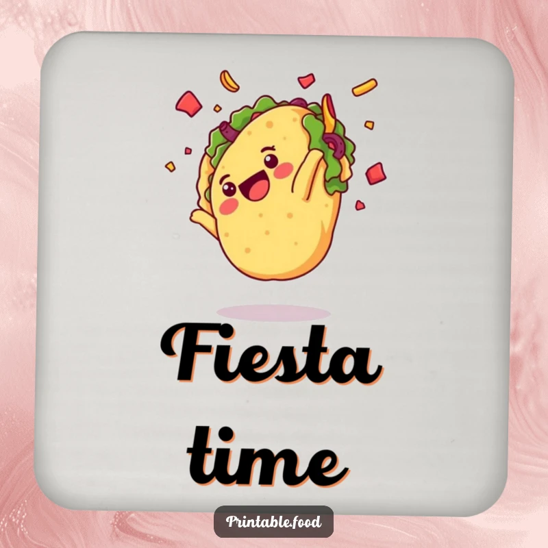 Funny coaster with a delighted taco character doing a somersault with flying toppings, adding festive humor to any surface.
