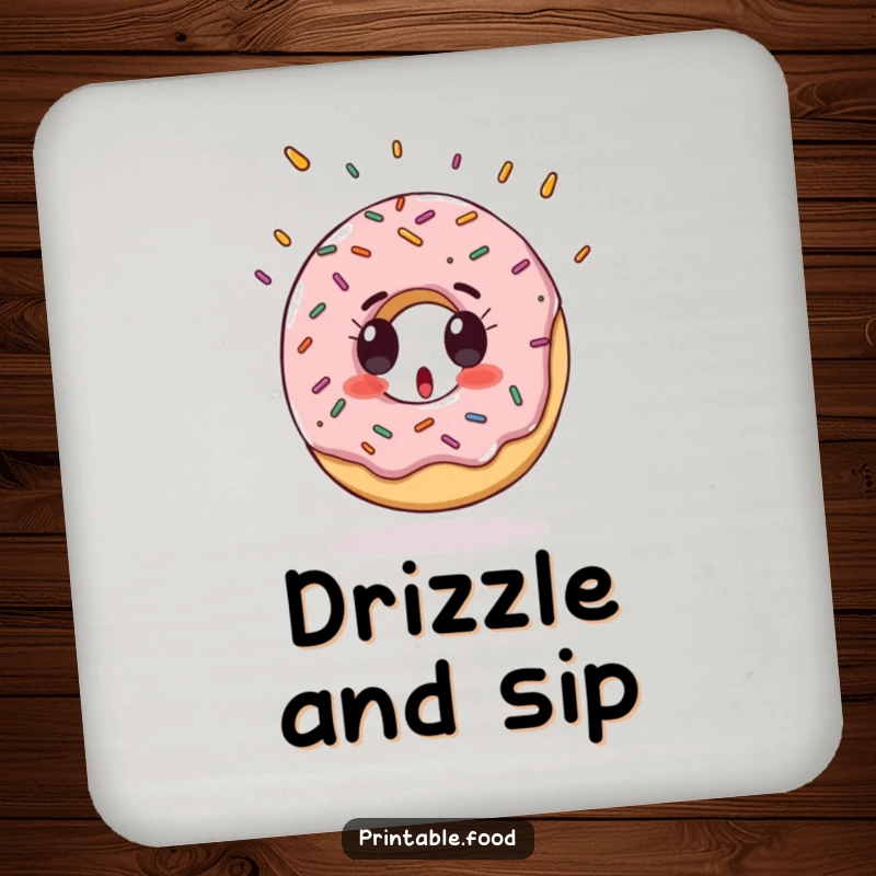 Funny Coaster with a surprised donut character and falling sprinkles, a sweet and protective addition.