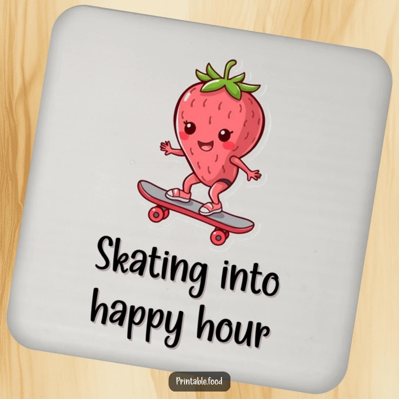 Funny Drink Coaster: Strawberry character balancing on a skateboard, a humorous and protective accessory for your table.