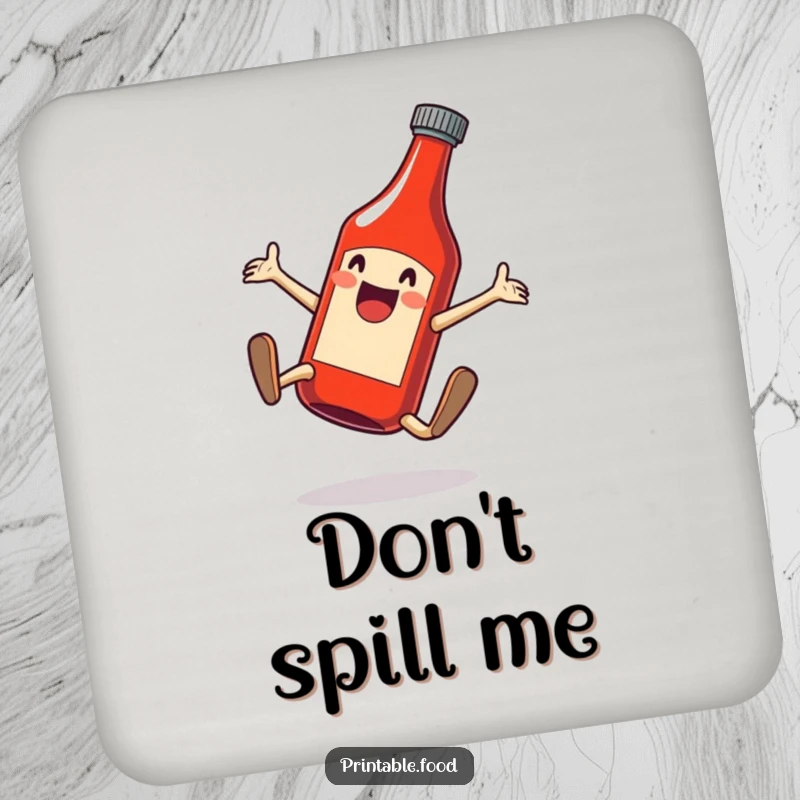 Funny drink coaster showcasing a delighted ketchup bottle doing a cartwheel, protecting surfaces with zest.
