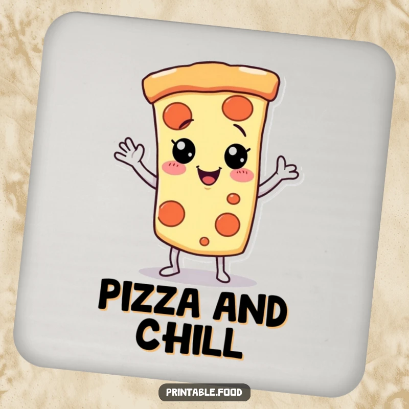 Funny Coaster with a giggling pizza slice character dancing, a fun addition to any kitchen.