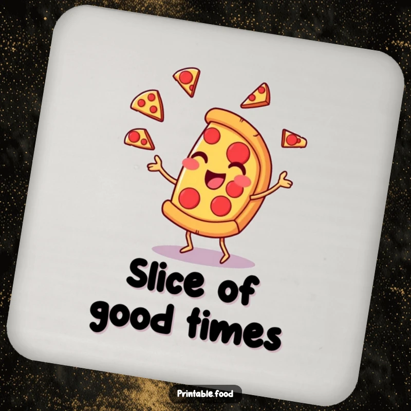 Funny drink coaster showing a pizza slice character juggling pepperoni slices with a smirk, adding a humorous touch to drink placement.
