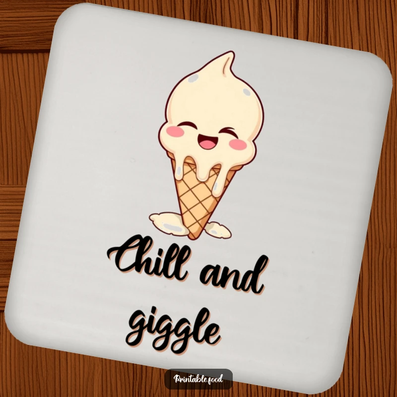 Funny coaster depicting a winking ice cream cone melting with laughter, adding a sweet, humorous touch to drink protection.
