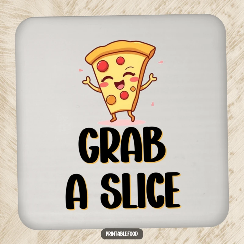 Funny Drink Coaster showing a winking pizza slice character doing a fun, energetic dance.