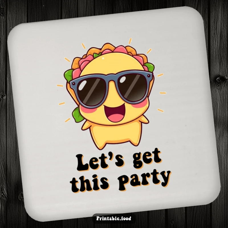 Funny Drink Coasters showcasing a cheerful taco in tiny sunglasses, bursting with laughter, adding a festive touch.