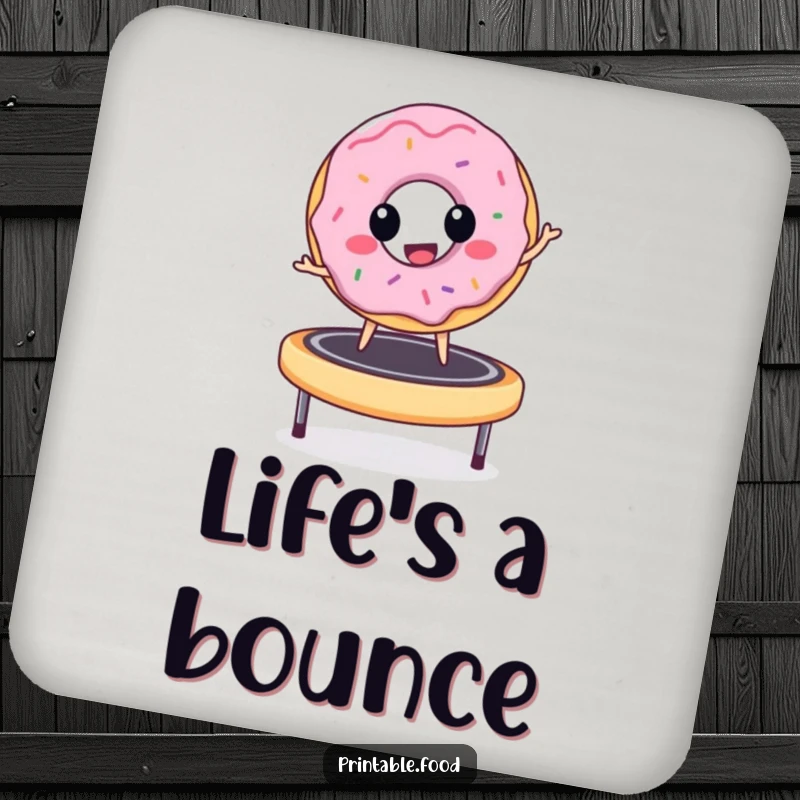 Funny donut character bouncing on a trampoline, illustrated on a drink coaster, adding a playful and humorous detail to home decor.