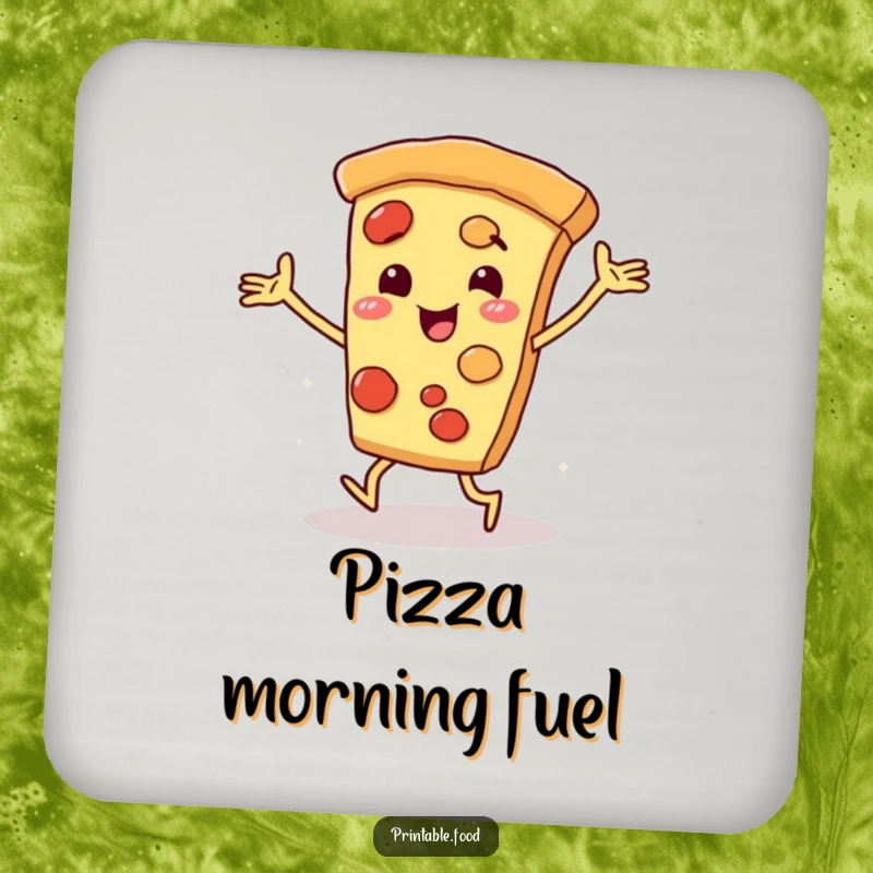 Funny smiling pizza slice character with arms and legs dancing on a drink coaster, adding humor and protecting surfaces.