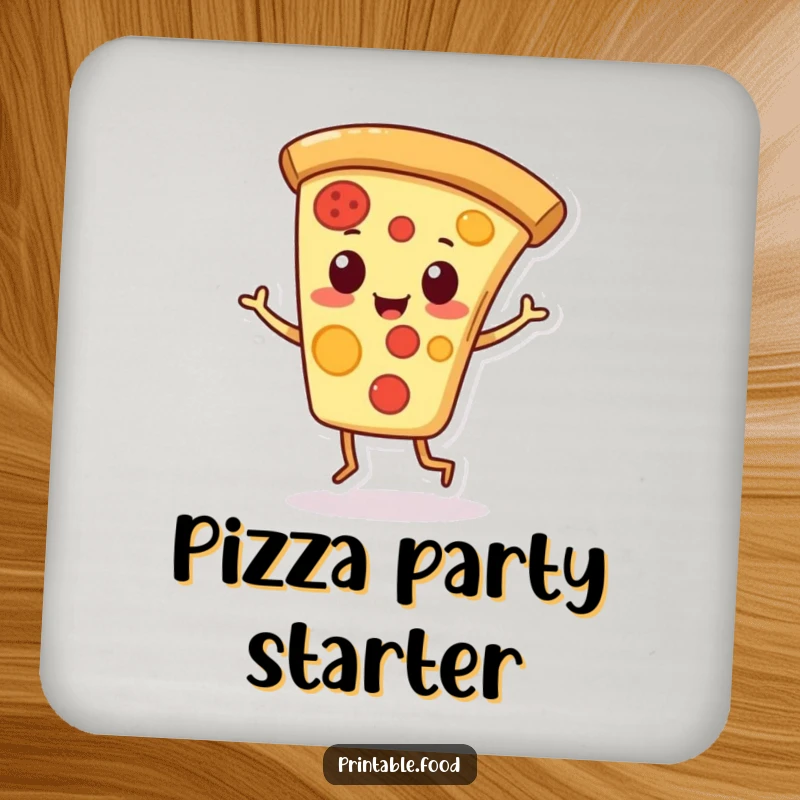 Funny drink coaster with a playful pizza slice character doing a jaunty jig, adding cheerful humor to any table.