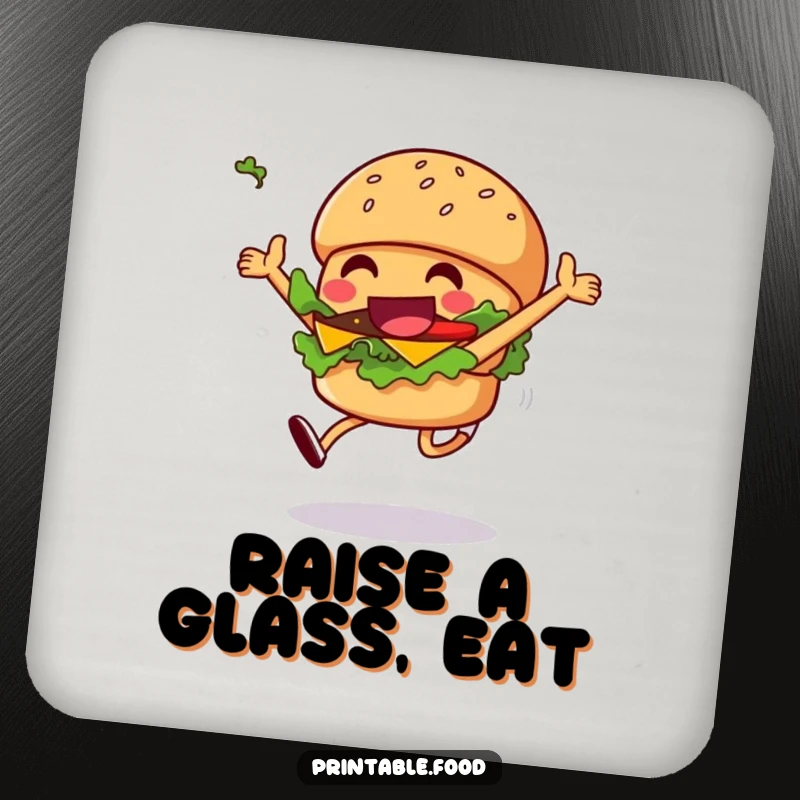 Funny grinning burger coaster featuring a character leaping joyfully, lettuce flying, perfect for protecting furniture.