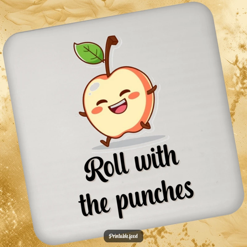 Funny drink coaster featuring a determined apple character rolling downhill with a grin, a humorous way to prevent spills.