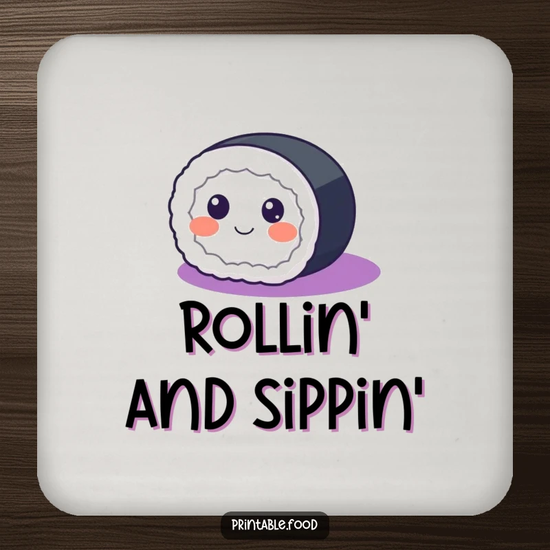 Funny Drink Coasters showcasing a happy sushi roll with eyes rolling across a purple gradient, adding a cheerful touch.
