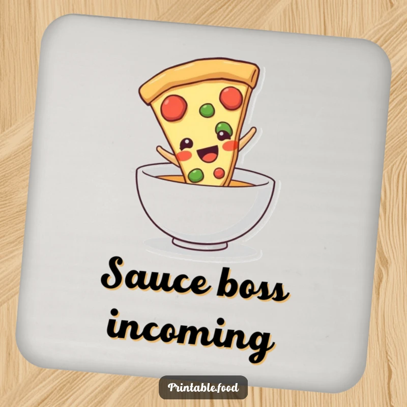 Funny pizza slice character sliding into a bowl, on a drink coaster, adding delicious humor and playful vibes to the table.