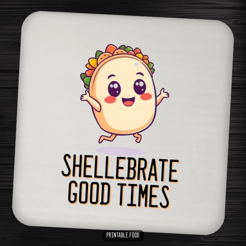 Funny drink coaster featuring a smiling taco character dancing with wide eyes, offering festive charm and surface protection with its delightful design.