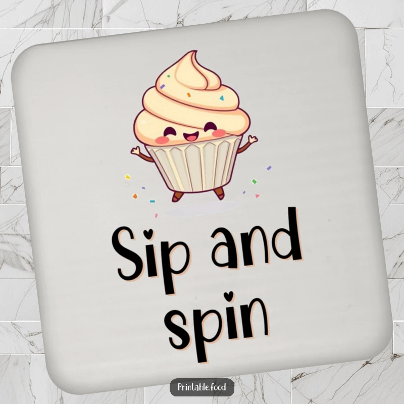 Funny Drink Coaster with a gleeful cupcake character in a dynamic spin, scattering a festive trail of sprinkles.