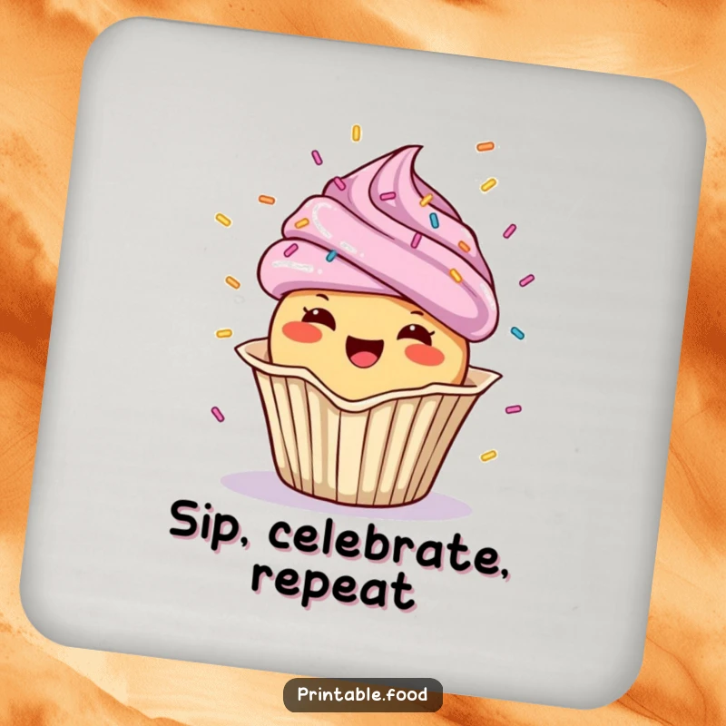 Funny Coaster with a cheerful cupcake showering confetti, adding festive charm to any surface.