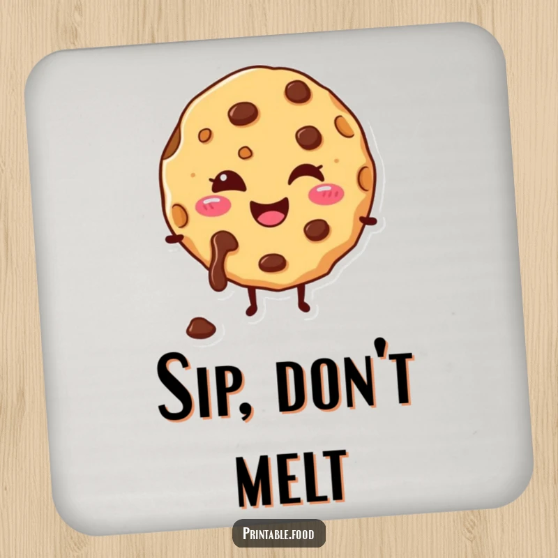 Funny drink coaster with a happy cookie character and melting chocolate chips, adding sweet humor to any table.
