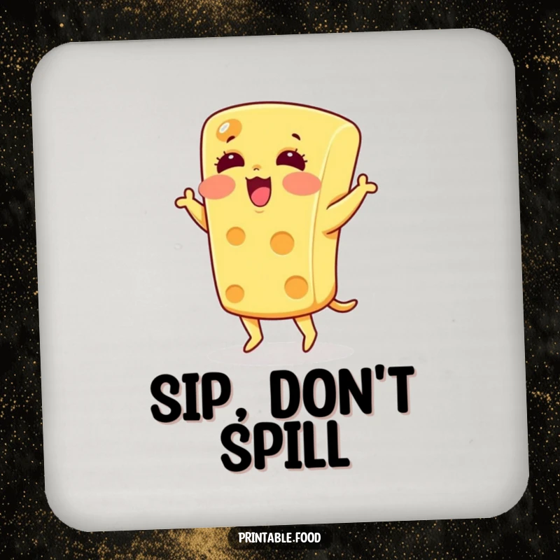 Funny blushing cheese character jigging on drink coasters, protecting surfaces with humor.