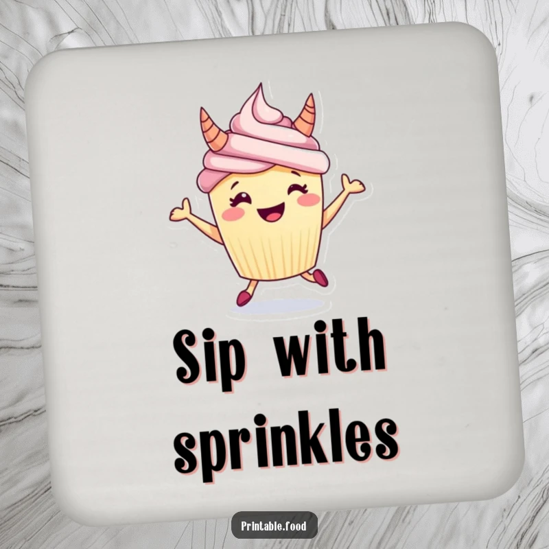 Funny drink coasters with a grinning cupcake wearing frosting horns, joyfully hopping, adding humor to your table.