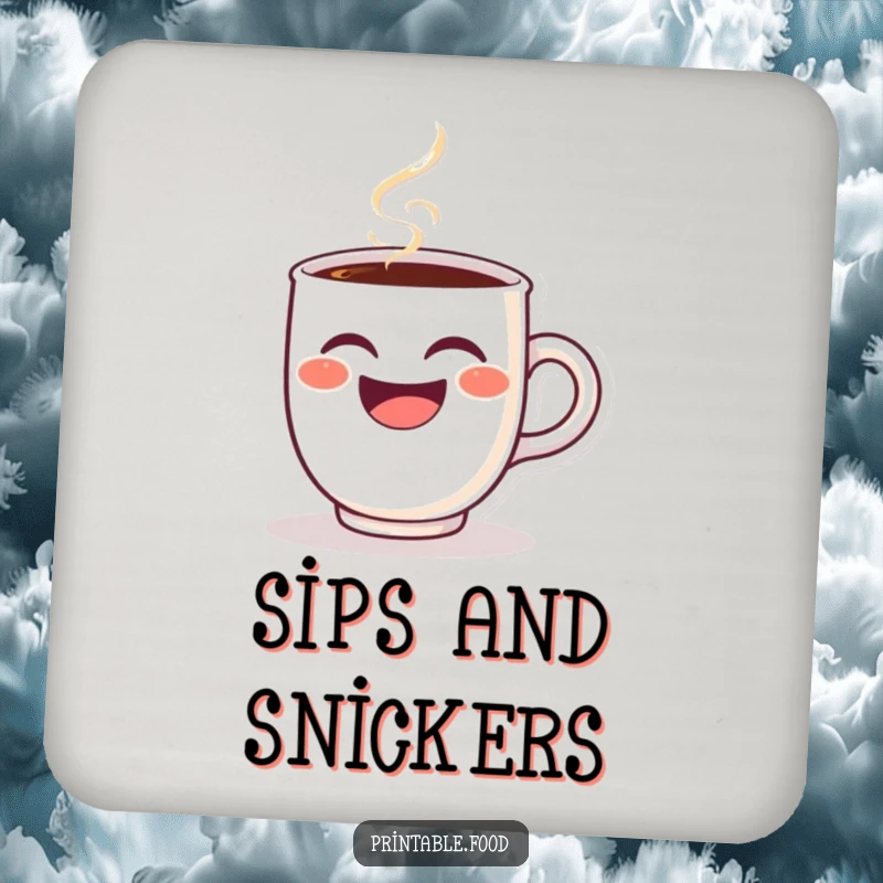 Funny drink coaster with a winking coffee cup character, steam clouds indicating hearty laughter, protecting surfaces with style.
