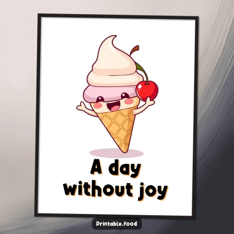 Funny ice cream cone poster featuring a playful character with a bouncing cherry, ideal for adding a touch of sweetness.