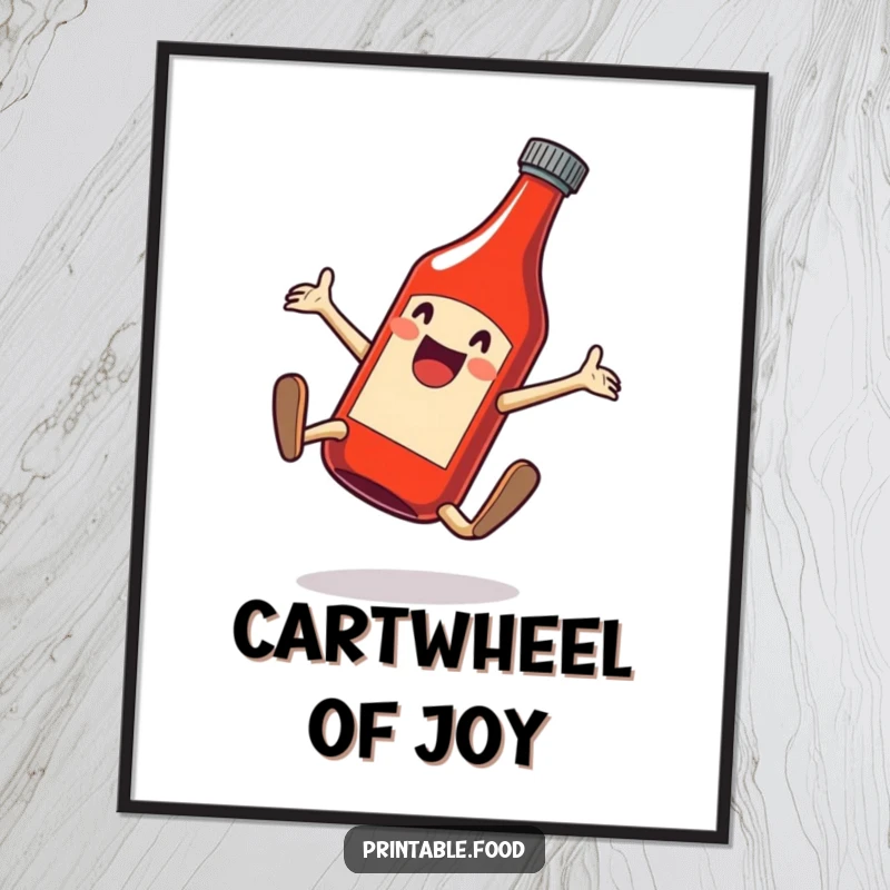 Funny poster art of a happy ketchup bottle performing a cartwheel, bringing zest and joy to any space.