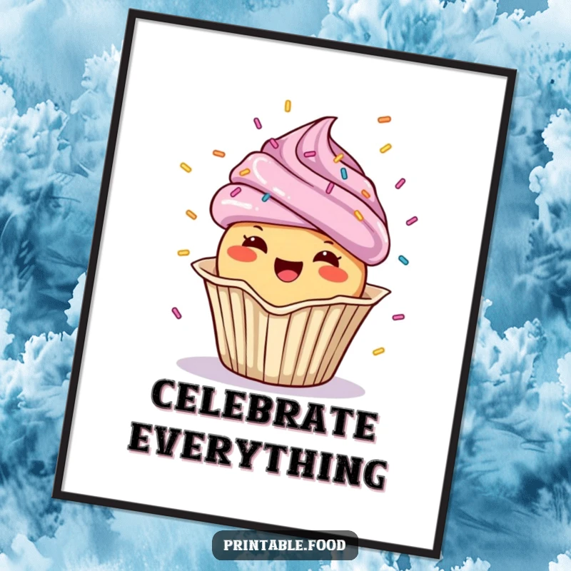 Funny Poster of a cheerful cupcake showering confetti, adding festive energy and celebratory art.