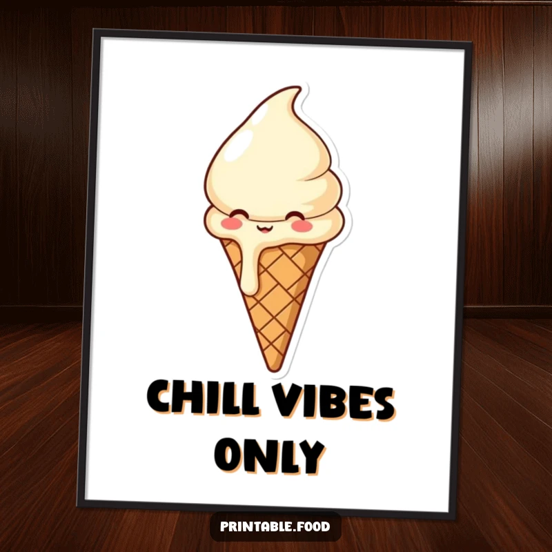 Funny poster of a joyfully giggling ice cream cone, slightly melting, radiating pure happiness and sweet, delightful charm on your wall.