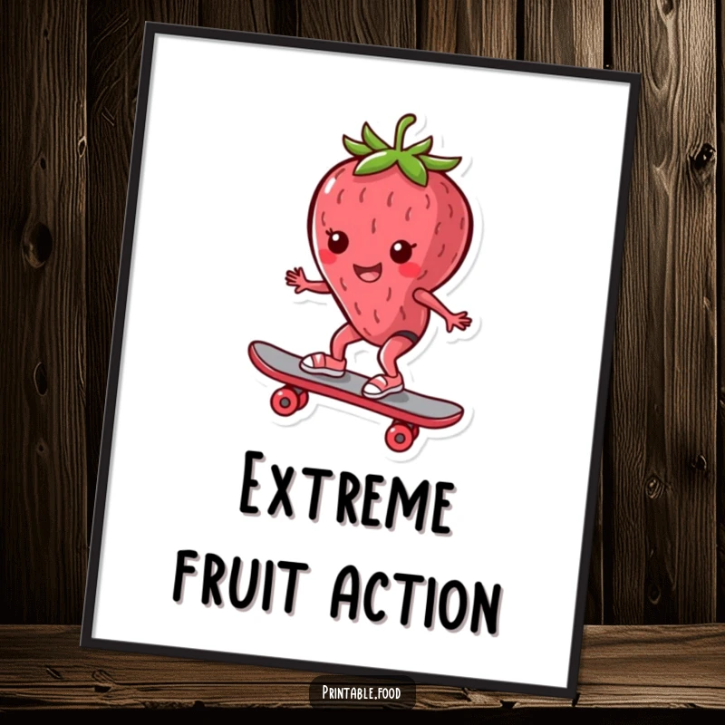 Funny Poster: Strawberry character executing a skateboard trick with enthusiasm, conveying playful energy and humor on your wall.