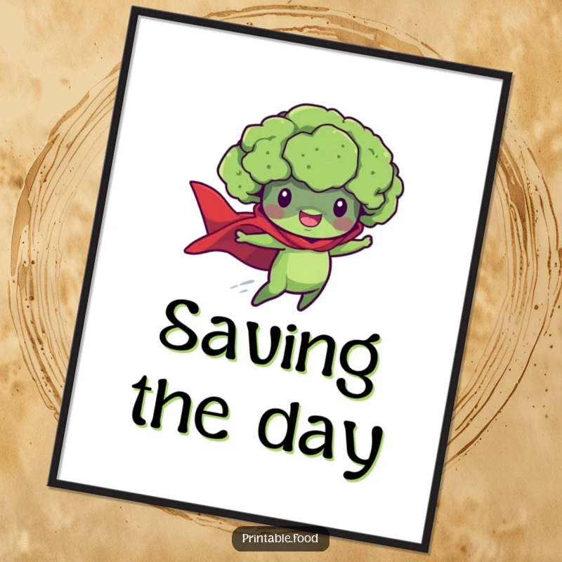 Funny poster art of a determined broccoli floret in a superhero cape, flying bravely through a stylized sky.
