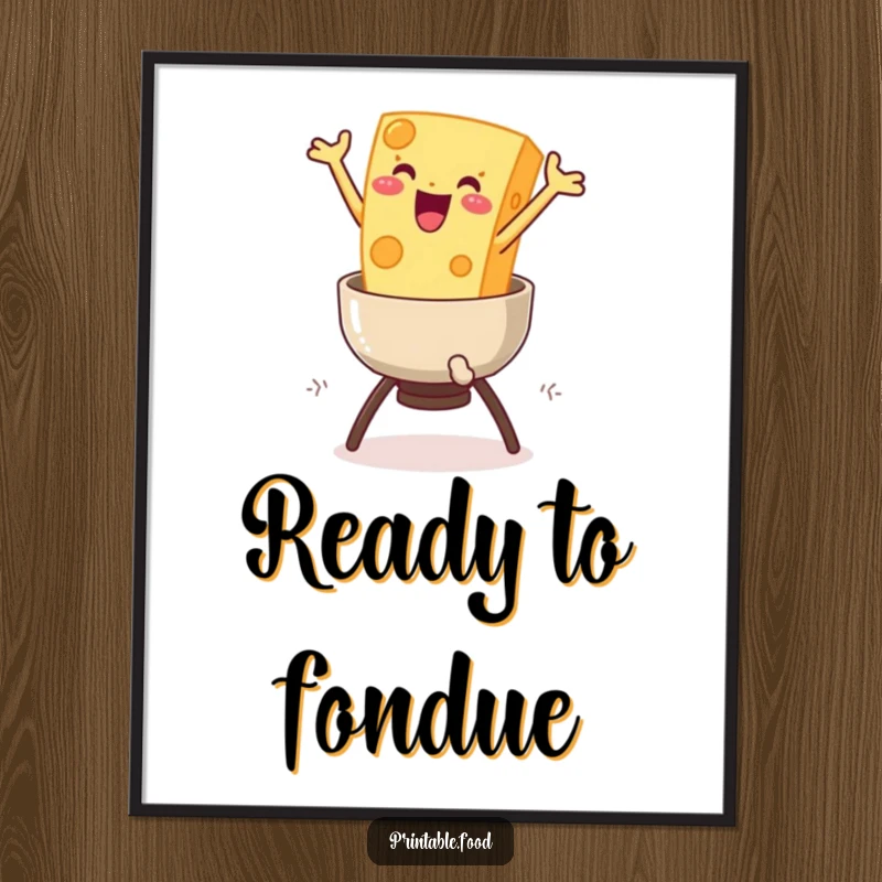 Funny Cheese Fondue Art Print: A delighted cheese character joyfully leaps into a fondue pot, adding a playful and humorous touch.