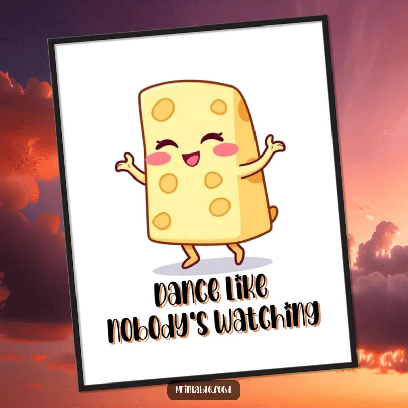 Funny poster of a winking cheese wedge character doing a lively jig, radiating pure, cheesy fun and charm, a perfect piece of wall art.