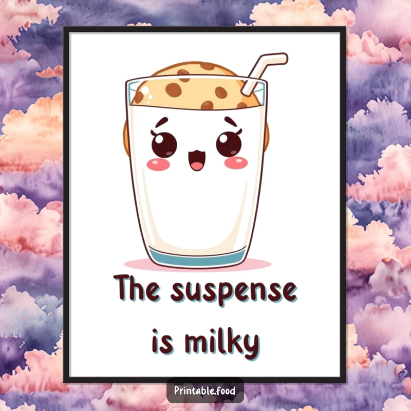 Funny cookie character peeking with a surprised expression from behind a giant glass of milk, depicted in a humorous poster.