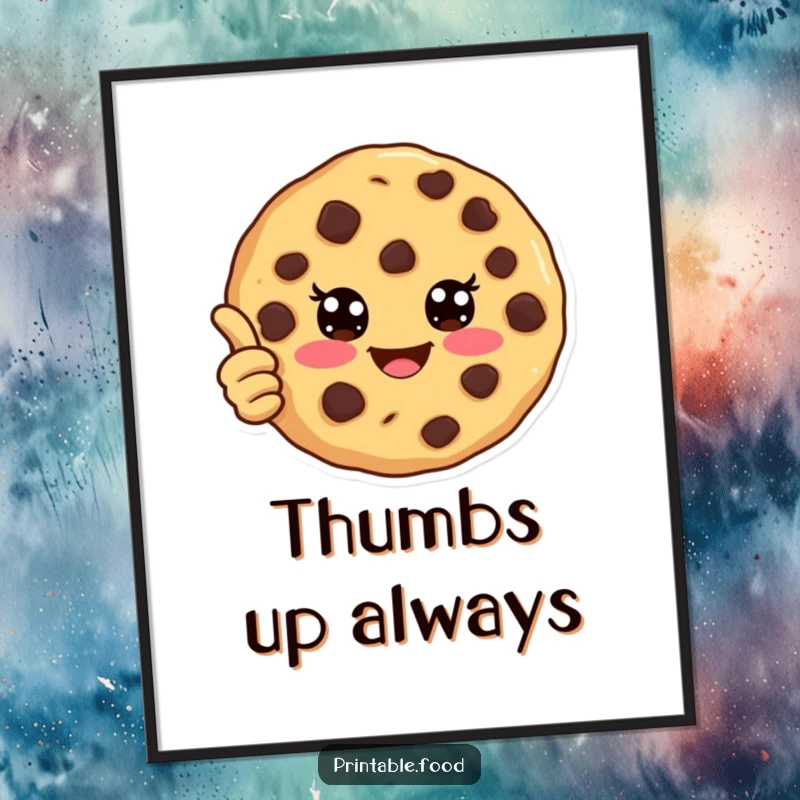 Funny poster art of a joyful chocolate chip cookie giving a thumbs up, symbolizing happiness, approval, and sweet treats.