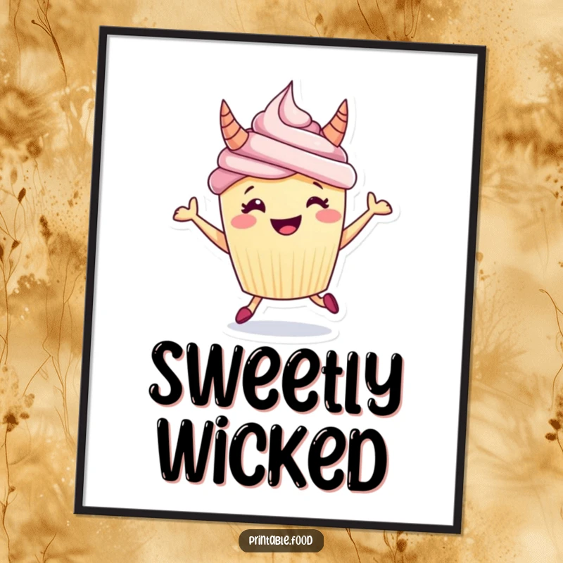 Funny poster featuring a grinning cupcake with frosting horns, captured in a lively, energetic hop, bringing joy.