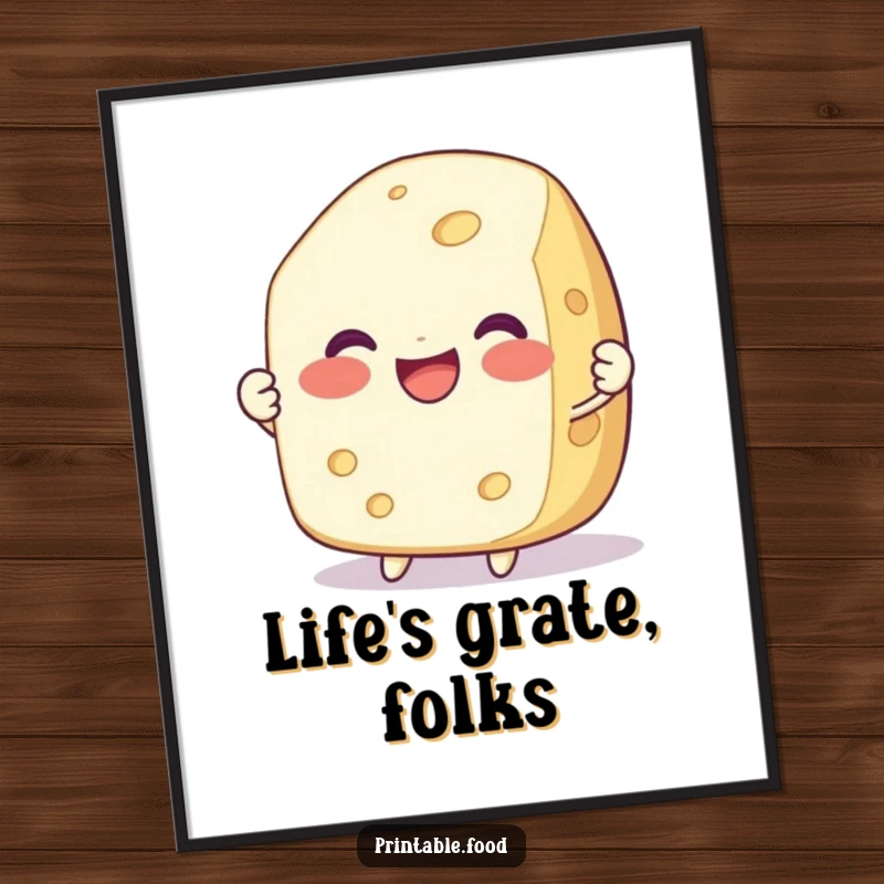 Funny poster print of a delighted, smiling cheese character being pulled apart, a humorous piece of dairy-themed art.