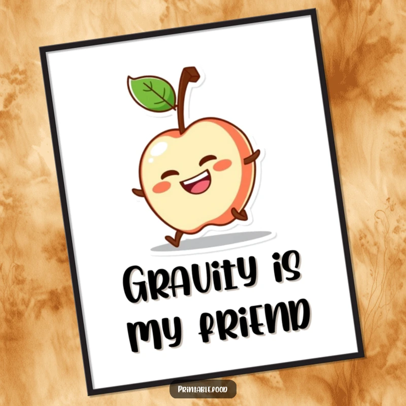 Funny poster art of a determined apple character rolling downhill with a huge grin, exuding pure energy.