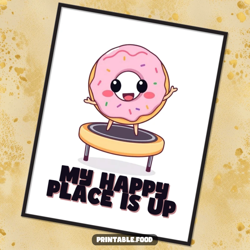 Funny donut character in mid-air, bouncing on a trampoline, depicted in a vibrant poster, conveying immense happiness and playful energy.