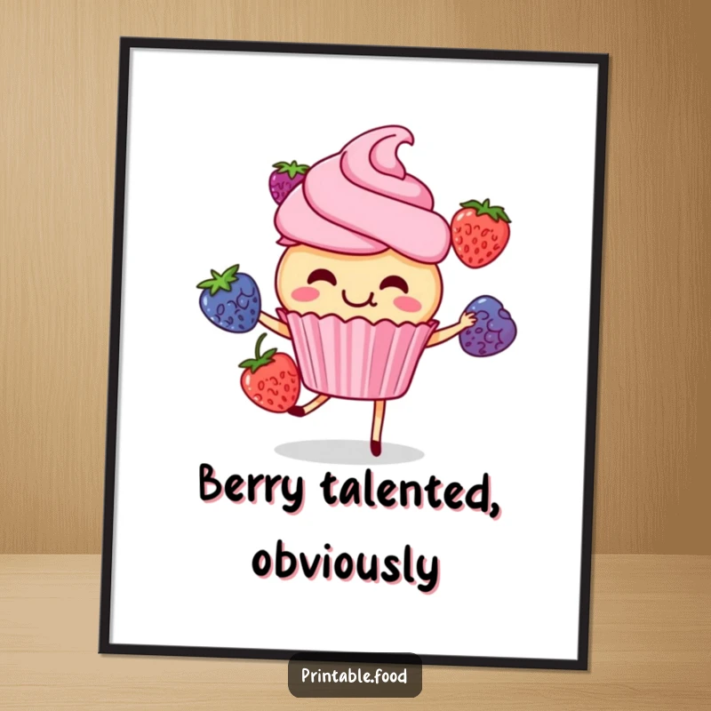 Funny cupcake character joyfully giggling while juggling colorful berries, depicted in a vibrant poster, conveying happiness and playful skill.